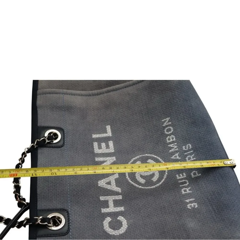 Chanel Deauville Tote Bag Denim Slate Blue Canvas Navy Trim Silver Hardware